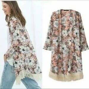 Zara Trafaluc Small Floral Fringe Kimono Cardigan Open Front Lightweight Boho